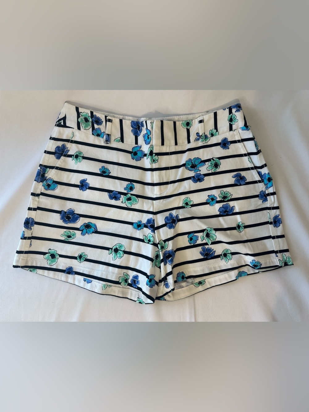 Elle Navy-Striped Floral Shorts - White, Navy & Teal